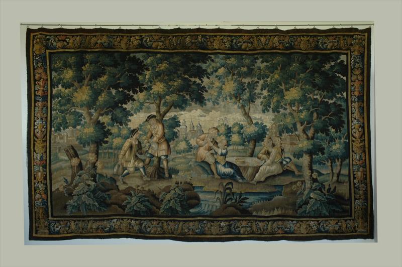 Important Aubusson Tapestry, 17th–18th Century, Gallant Scene in a Wooded Landscape