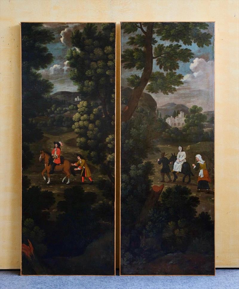 Coppia di dipinti verticali en pendant con paesaggi e figure, scuola veneta fine XVII – inizi XVIII secolo