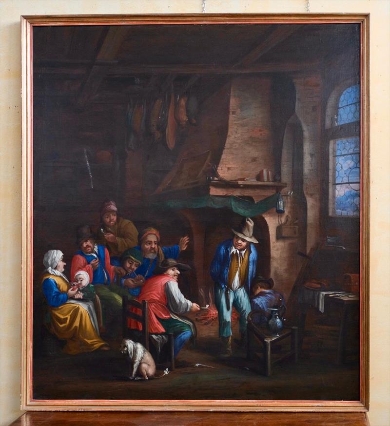 Scena d’interno con figure attorno al focolare, olio su tela ambito fiammingo bambocciante, fine XVII inizi XVIII secolo