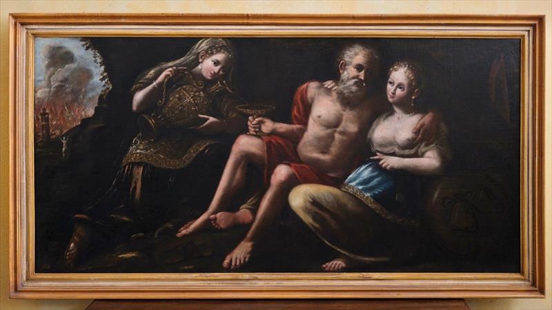 Lot e le figlie, grande dipinto olio su tela del XVII secolo, scena biblica, ambito italiano tra classicismo bolognese e pittura barocca