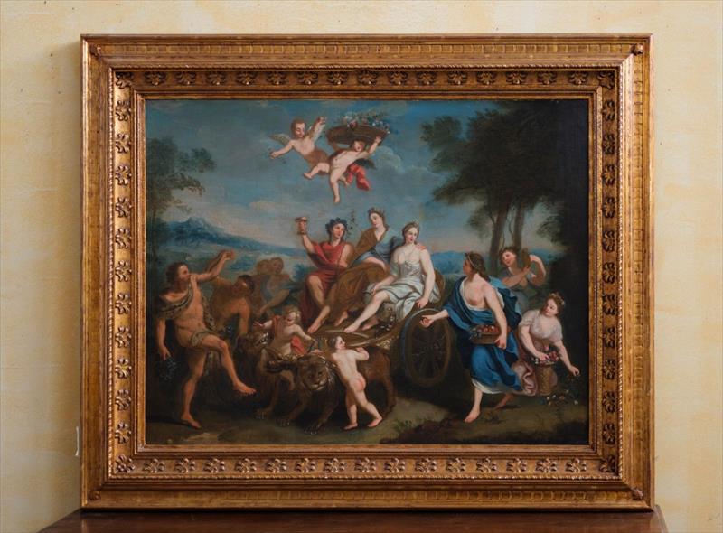 Trionfo di Bacco e Arianna, olio su tela, XVIII secolo, scena mitologica decorativa, ambito italiano tra tardo barocco e primo Settecento