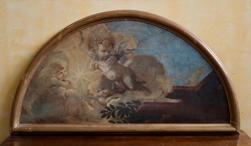 Gloria di cherubini tra le nubi, dipinto a lunetta da pala d’altare, olio su tela XVIII secolo, ambito romano, in relazione a Sebastiano Conca