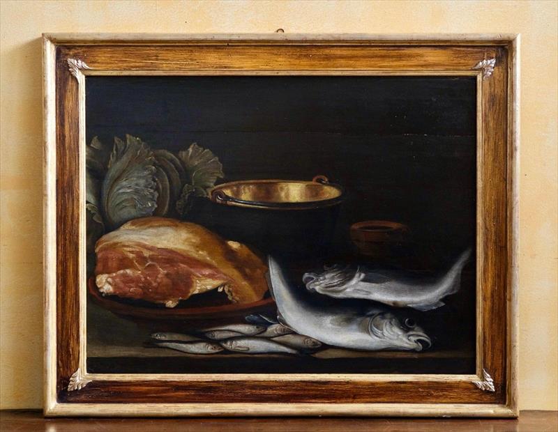 Natura morta con pesci e carne, olio su tavola di rovere XVII secolo – ambito nord-europeo