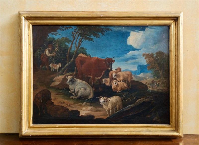 Scena pastorale con armenti al pascolo, olio su tela fine XVII / inizi XVIII secolo – ambito romano, in relazione a Rosa da Tivoli