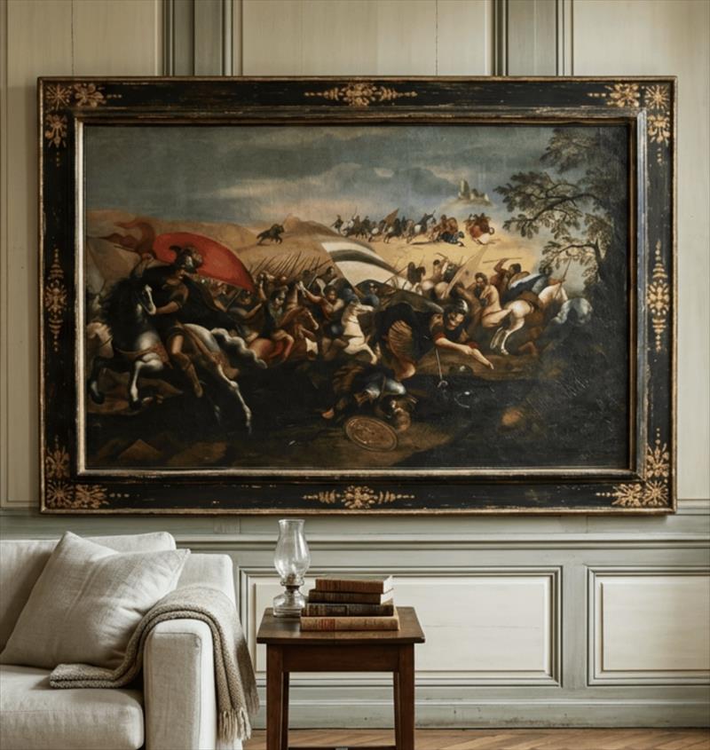 Dipinto antico di battaglia, olio su tela Seicento, ambito Francesco Allegrini da Gubbio