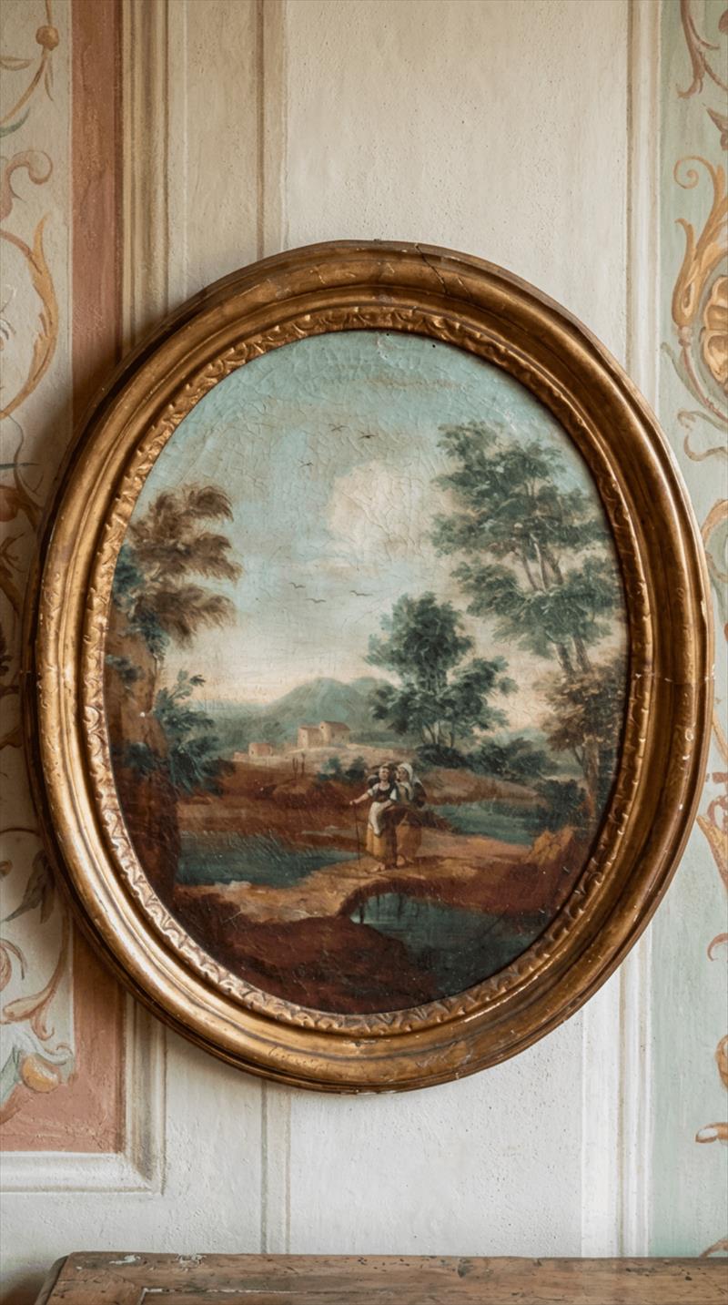 Dipinto antico paesaggio ovale olio su tela XVIII secolo Italia centrale cerchia Alessio De Marchis