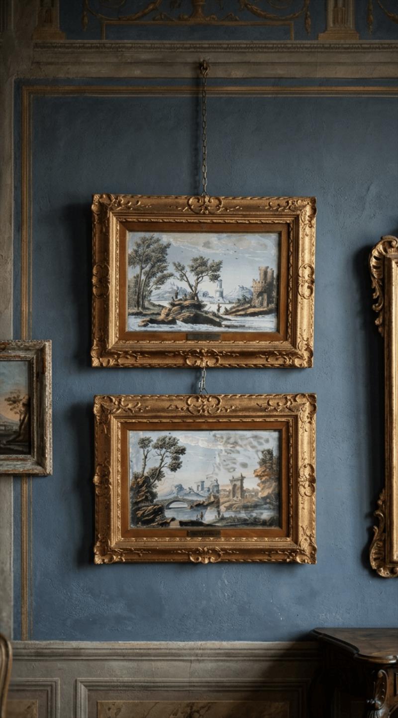 Coppia di gouaches con paesaggi architettonici e rovine firmate H R e datate 1764 ambito francese Roma XVIII secolo