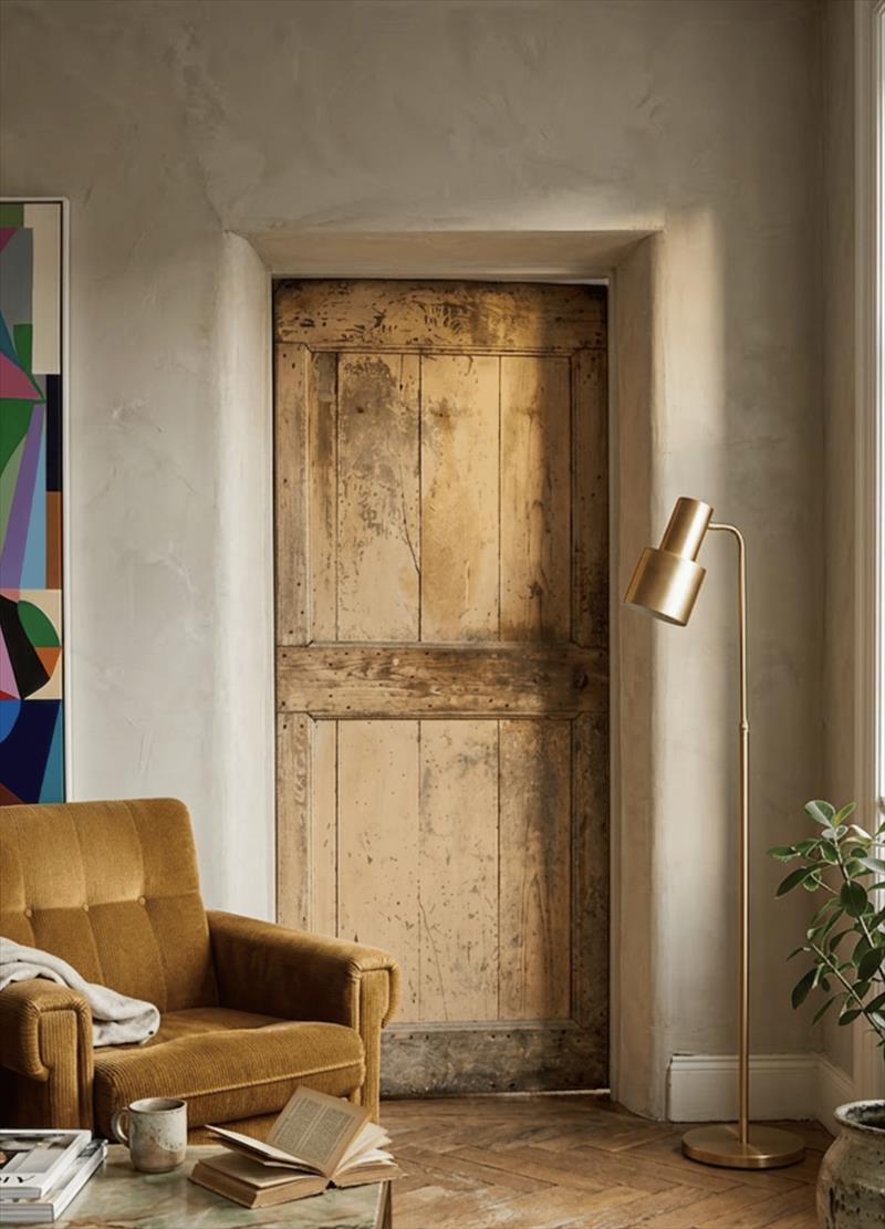 Porta antica color sabbia, dalla campagna umbra