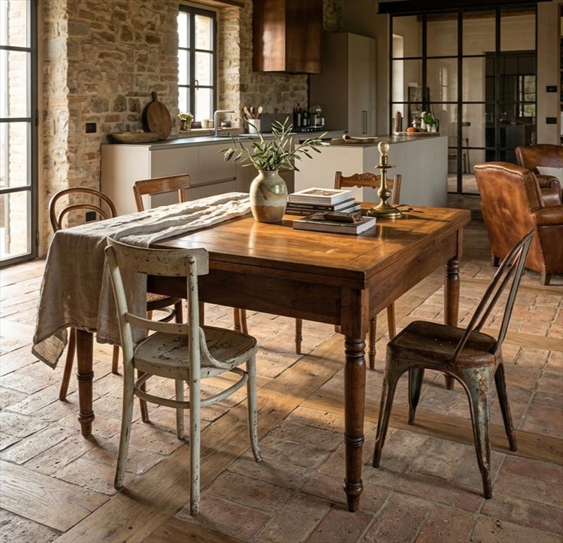 A large square walnut table, the warmth of an old home